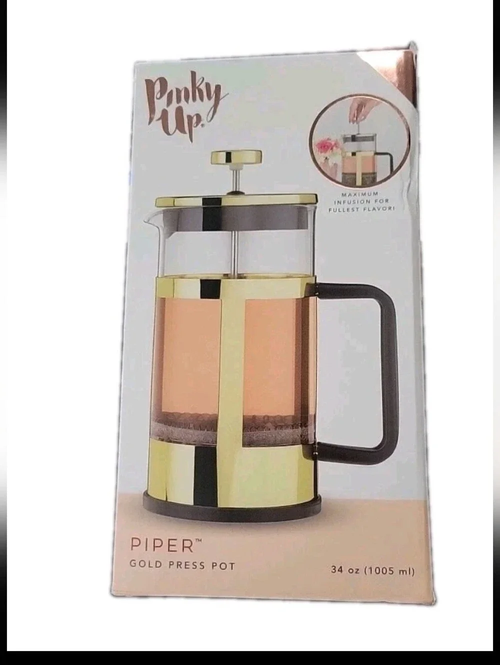Pinky Up Piper Stainless Steel French Press Coffee Tea Maker Borosilicate Glass